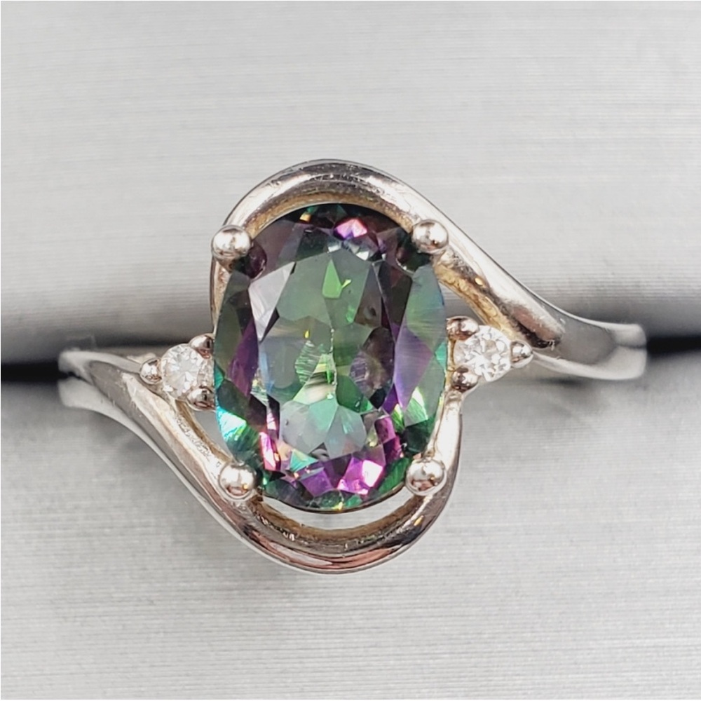 Genuine Oval Mystic Topaz & Round Diamond Simulants 925 Sterling Silver Ring